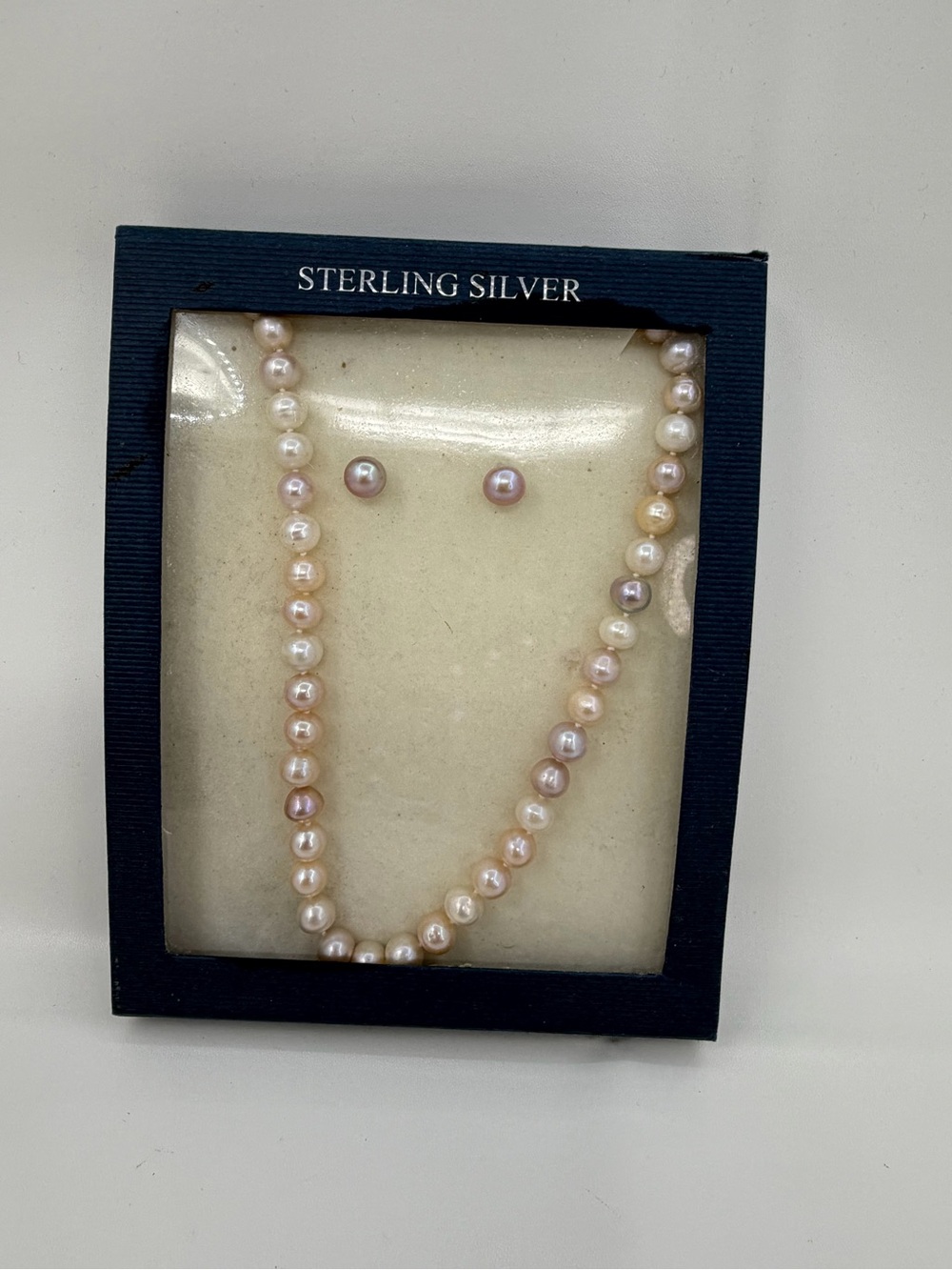 Sterling Silver 9-10MM Cultured Freshwater Pearl White Pink Necklace Earrings